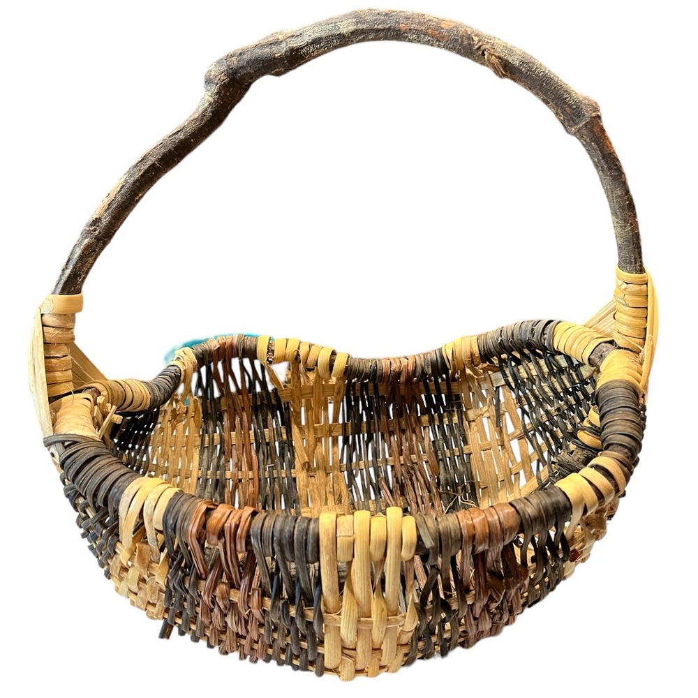 Vintage Buttocks Gathering Basket God’s Eye Primitive Rustic Wooden Handle